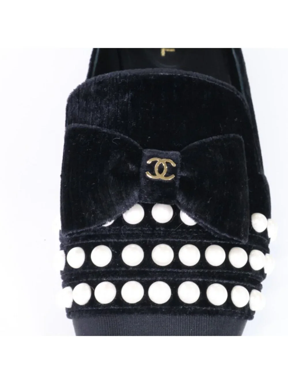 Chanel CC Logo Faux Pearl Ribbon Velvet Opera Shoes 39.5C